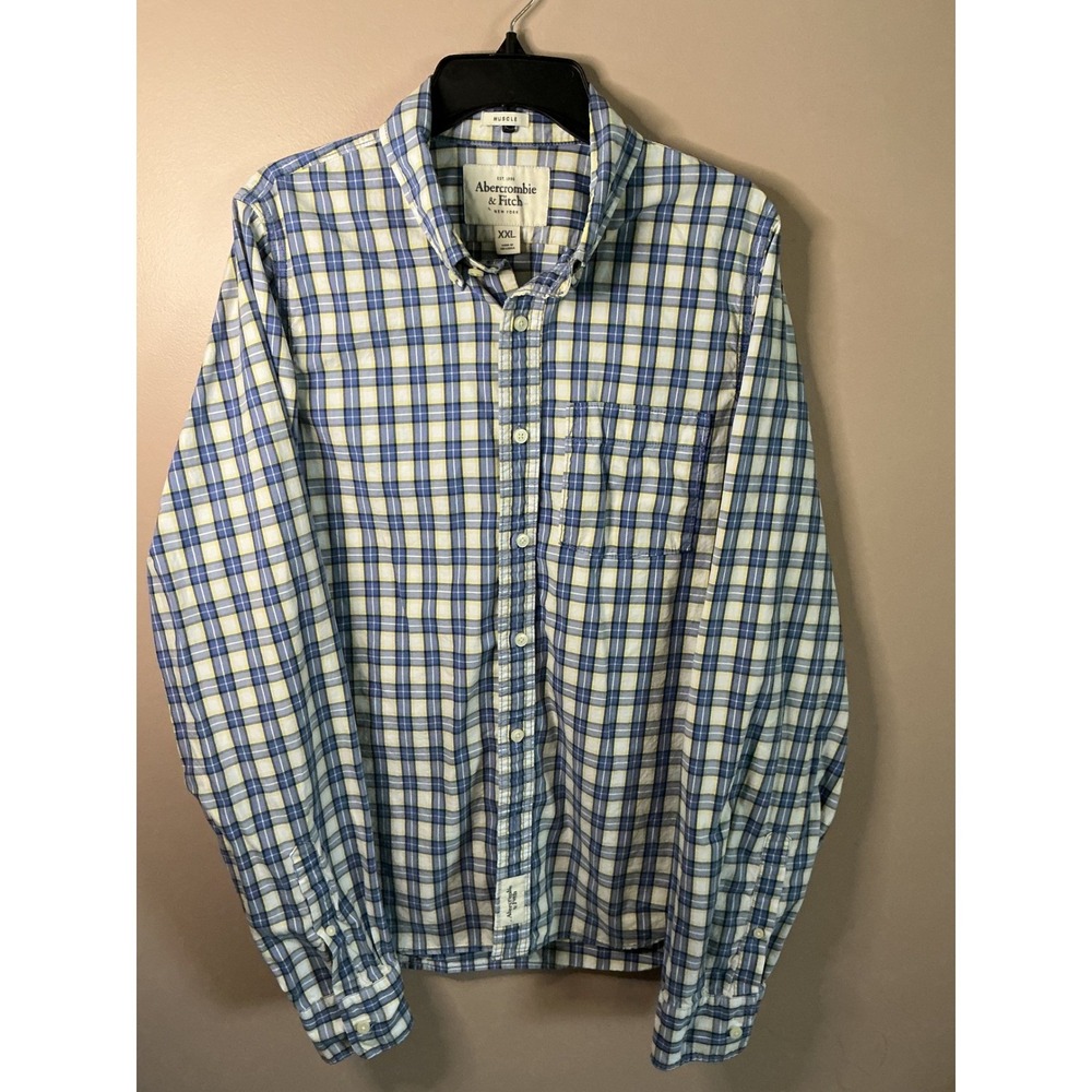 Vintage Abercrombie & Fitch Mens XXL Blue Yellow Excellent Muscle Fit Plaid Y2K